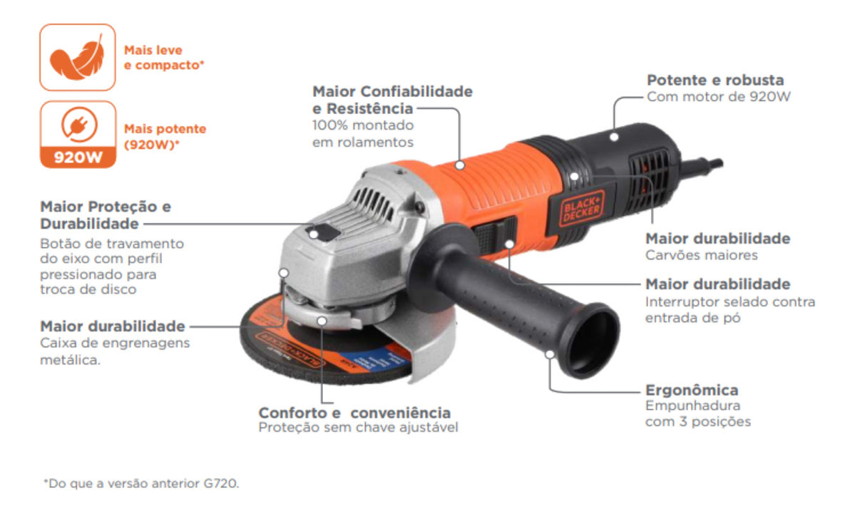 Esmerilhadeira Angular  G720x 920w 115mm 4-1/2 Cor Preto