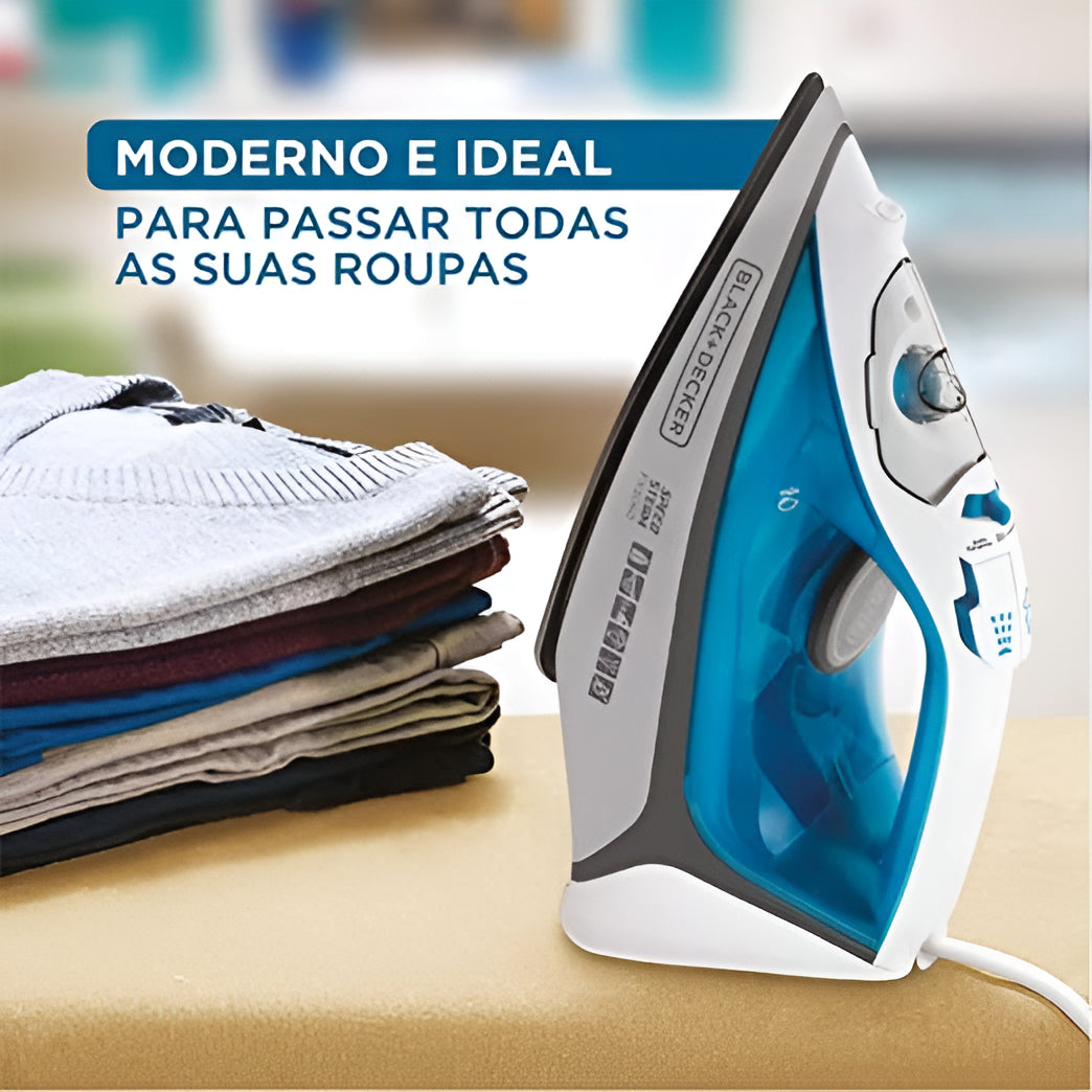 Ferro de Passar Roupa Modelo FX3060 Base Antiaderente Azul e Branco