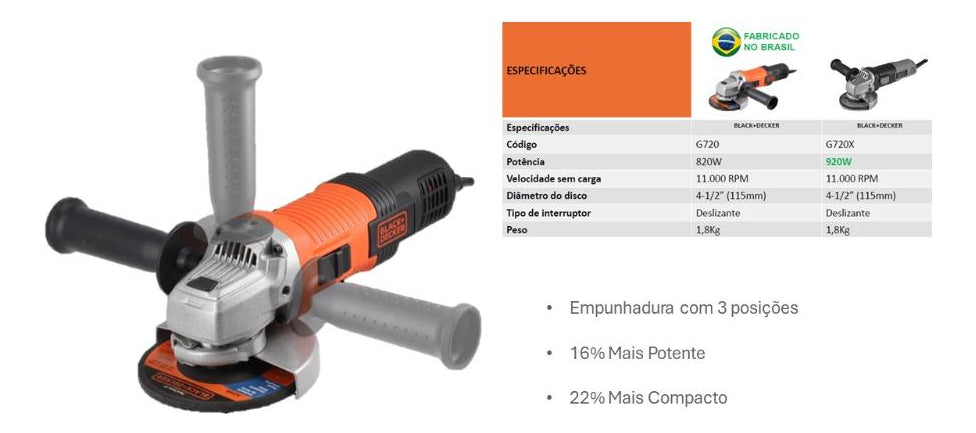 Esmerilhadeira Angular  G720x 920w 115mm 4-1/2 Cor Preto