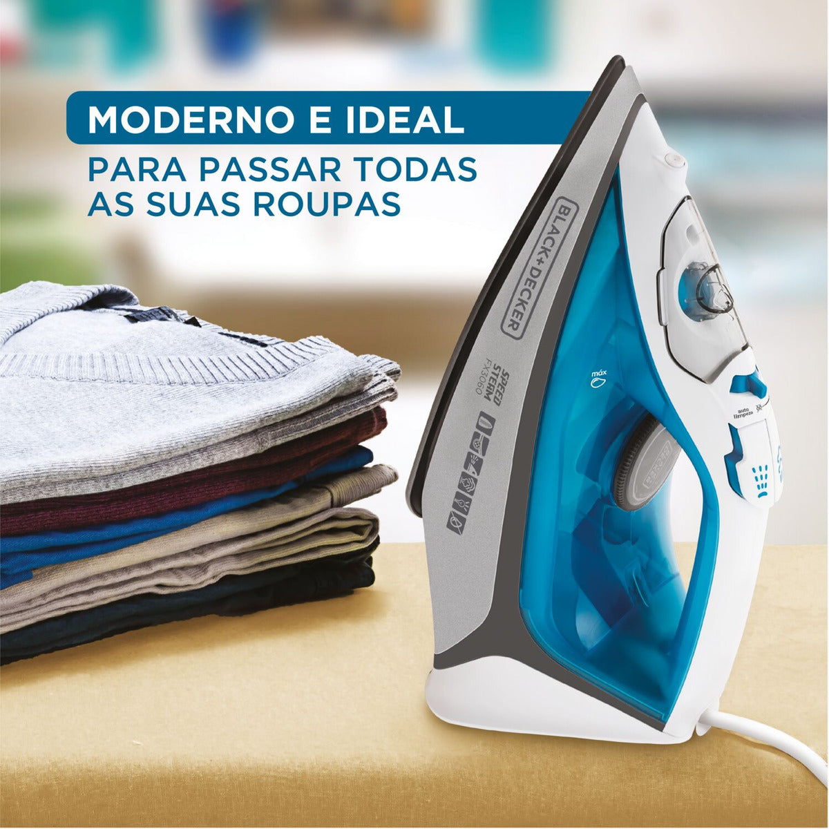 Ferro de Passar Roupa FX3060 Base Antiaderente Azul e Branco 110V